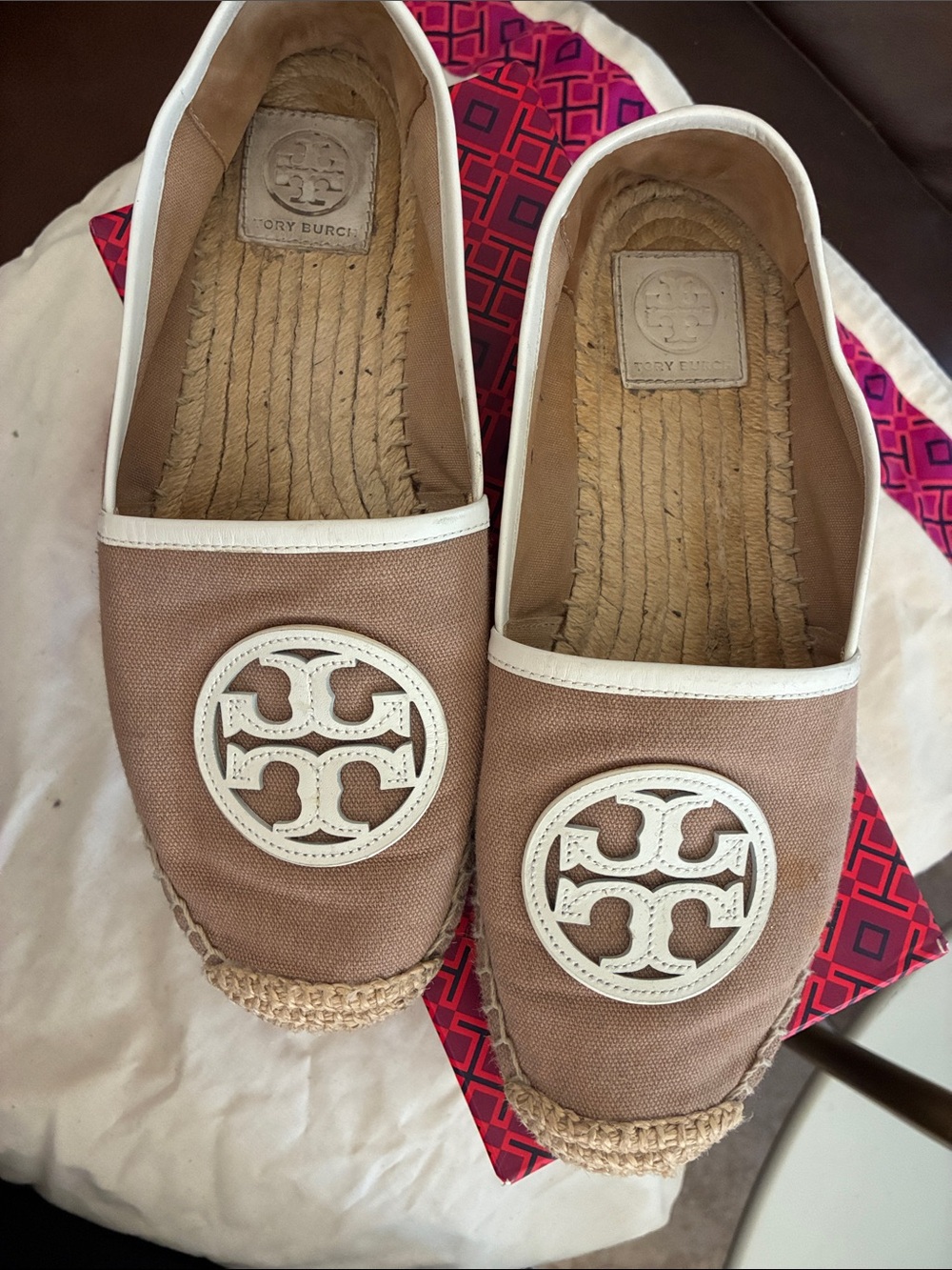 Tory Burch Tan Canvas Espadrille with White Logo Medallion